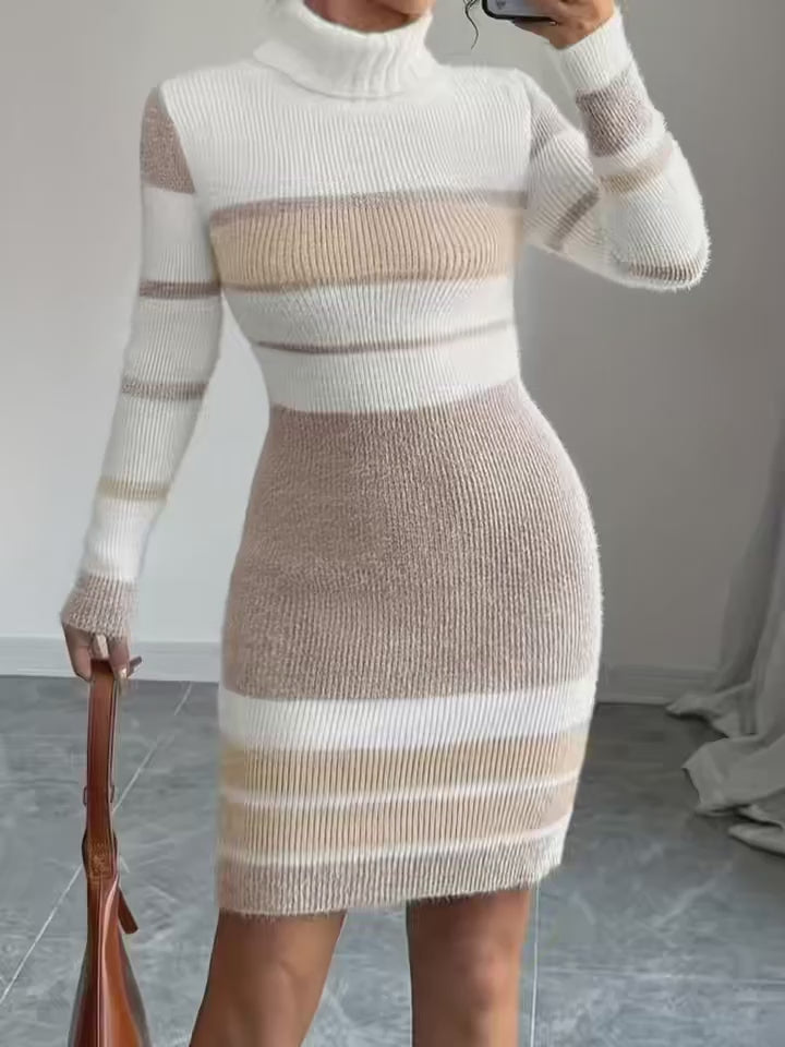 Turtleneck Striped Long Sleeve Fitted Elegant Knit Sweater Dress
