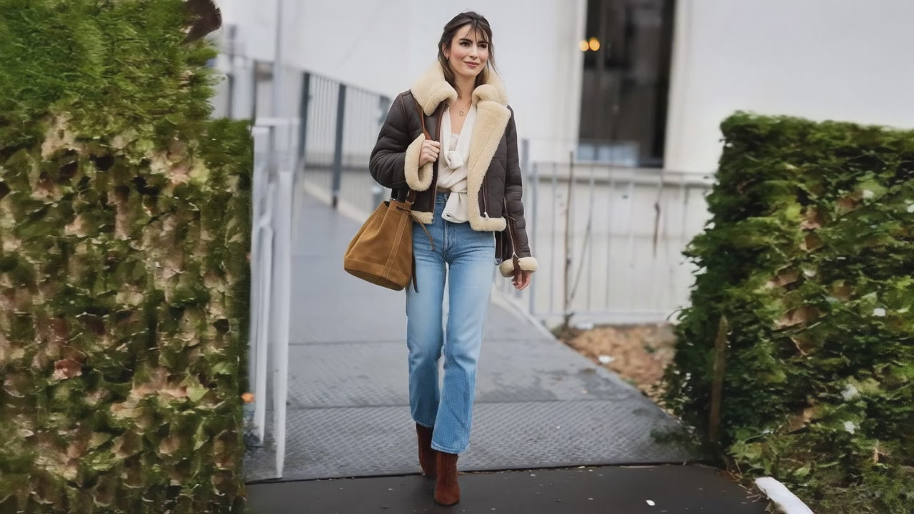 Vintage Brown Sheepskin Aviator Jacket – Handmade Women’s Shearling Bomber