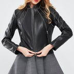 Black Rebel Distressed Short Leather Jacket for Women