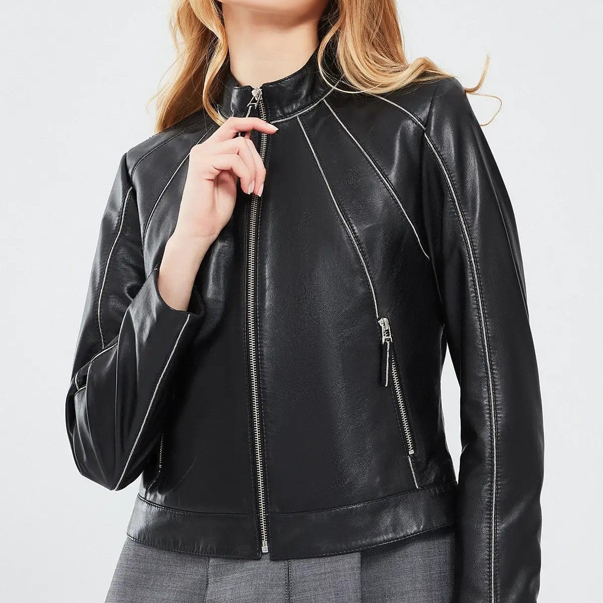 Black Rebel Distressed Short Leather Jacket for Women