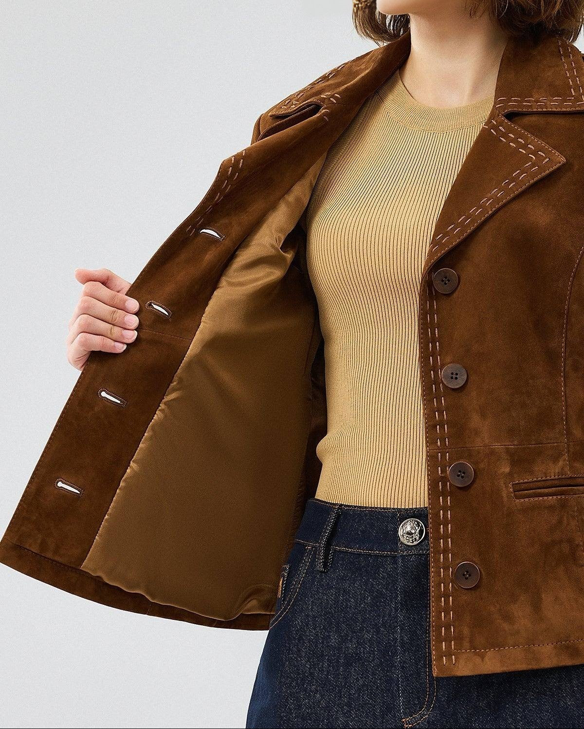 Women's Classic Suede Blazer with Contrast Stitching