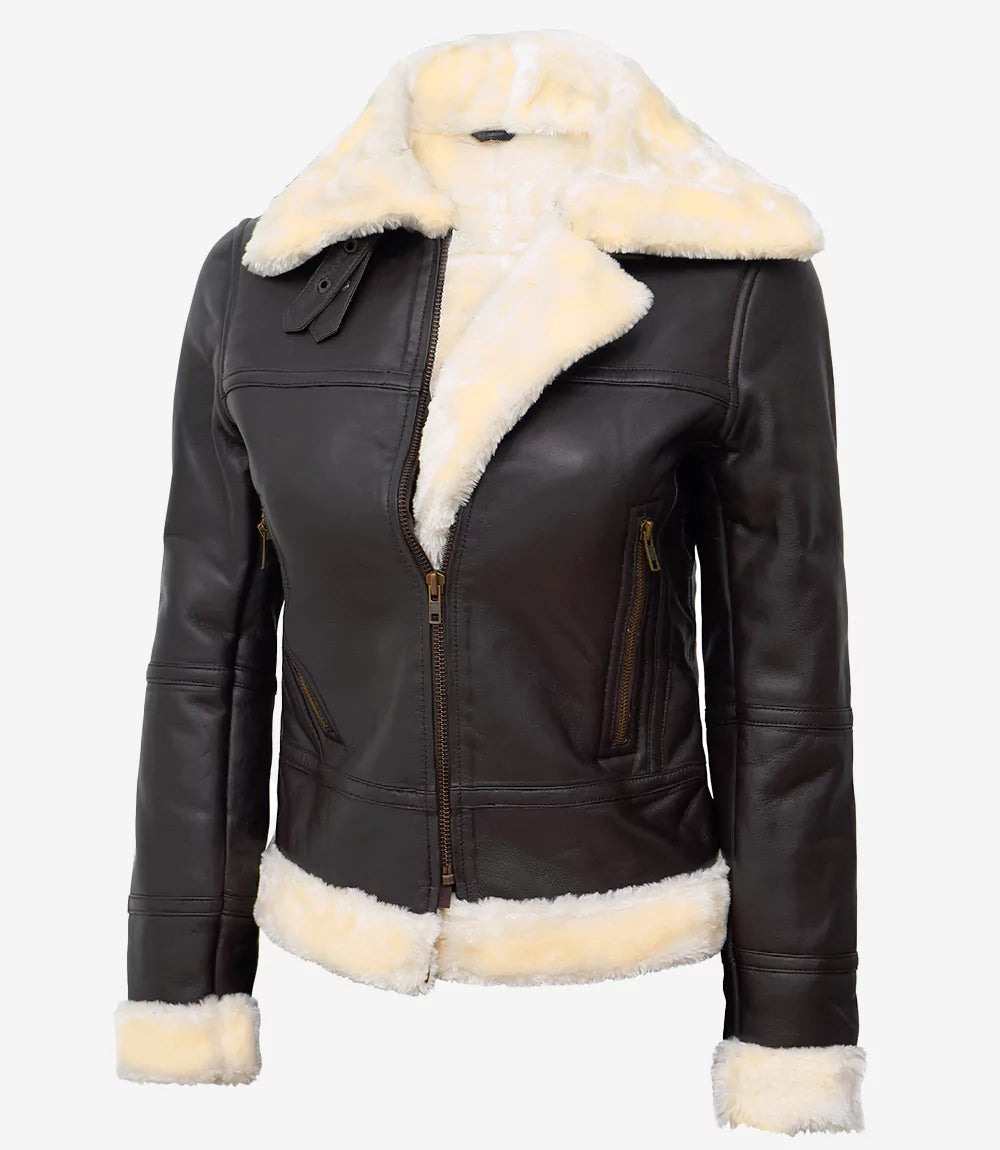Women's Real Leather Dark Brown B3 Bomber Shearling Jacket
