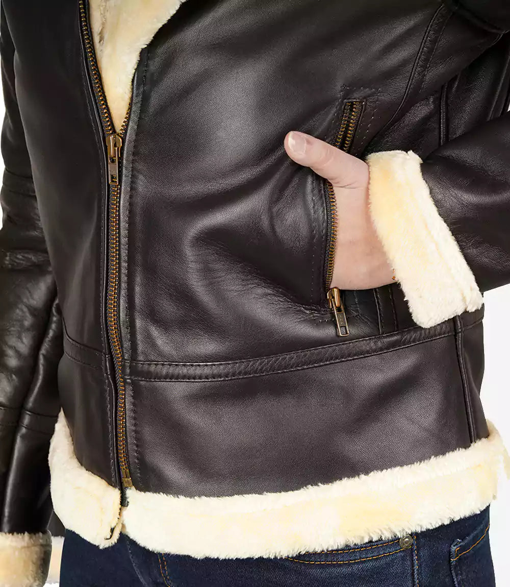 Women's Real Leather Dark Brown B3 Bomber Shearling Jacket